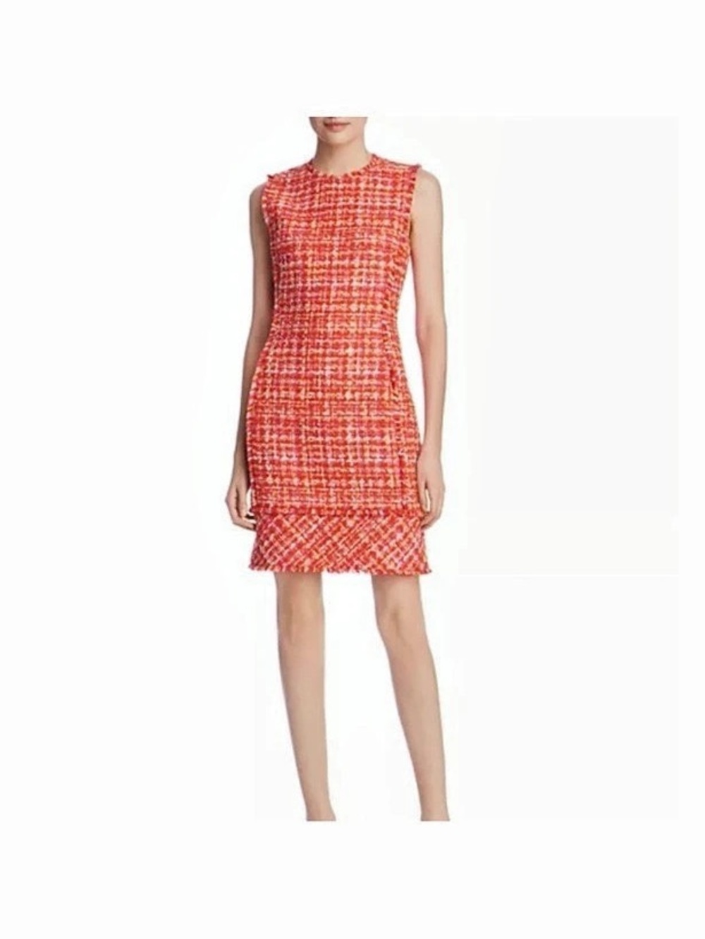Elie Tahari Tweed Fringe Orange & White Checkered Jacquard Dress sz 12